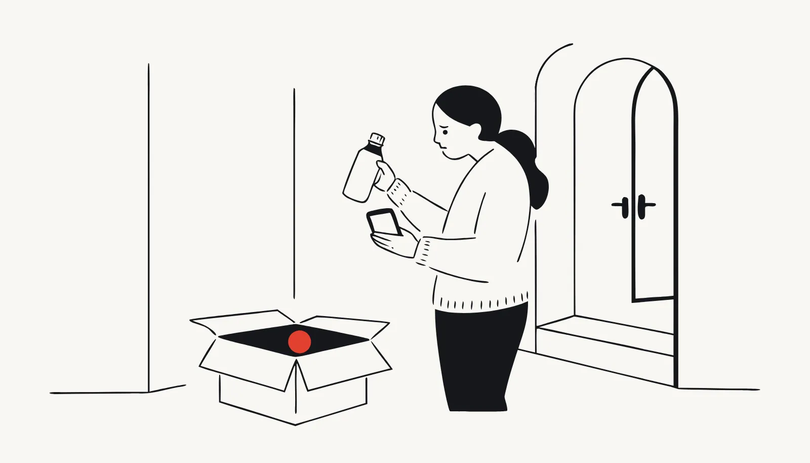 A parent opens a delivery and holds up the wrong detergent while checking the order.