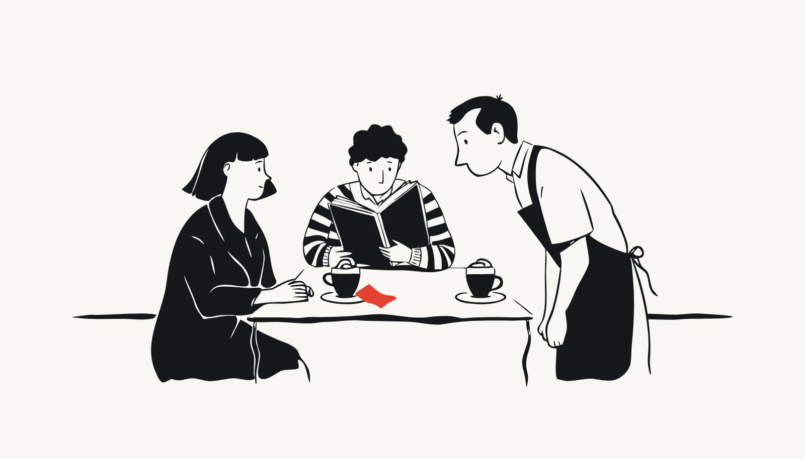 A host leans in to speak quietly to a regular while her friend reads the menu.