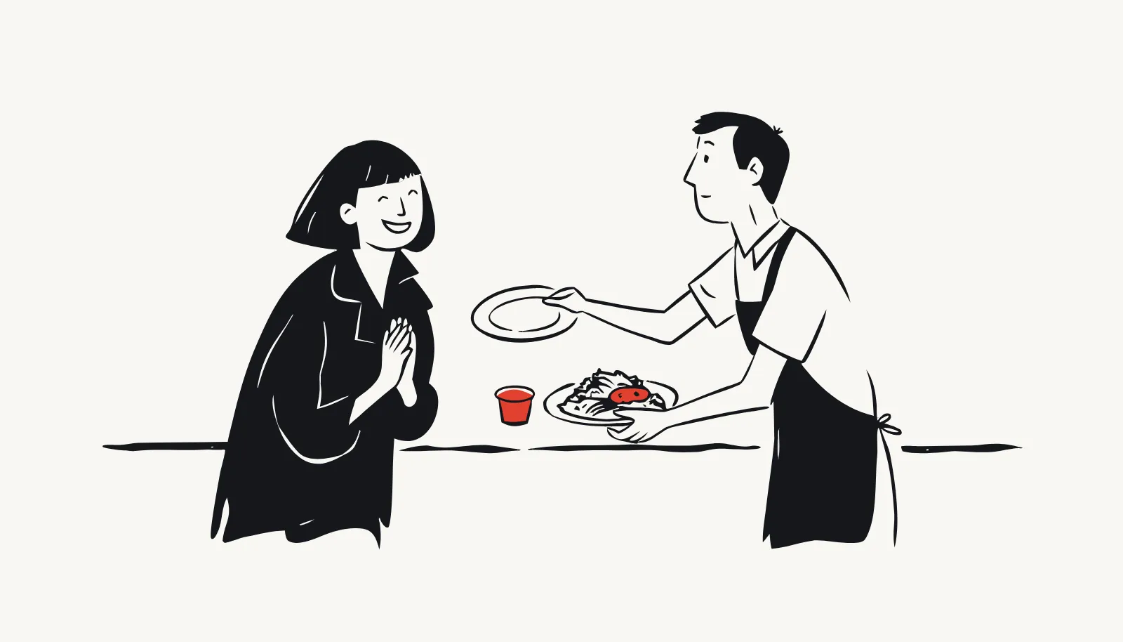 The host replaces a salad and sets the dressing on the side, as the diner asked.