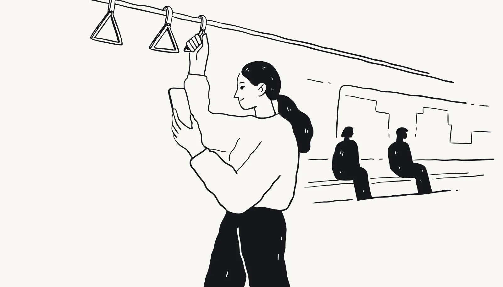 On a train, the parent holds a strap with one hand and a phone with the other.