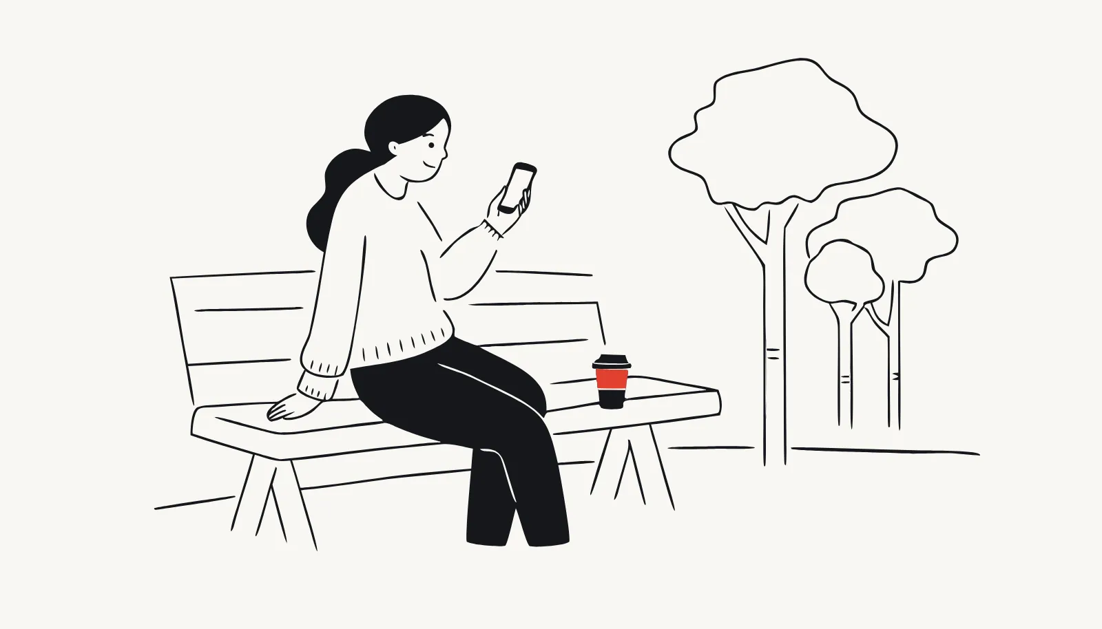 The same woman relaxes on a bench in the same square on a free Saturday.