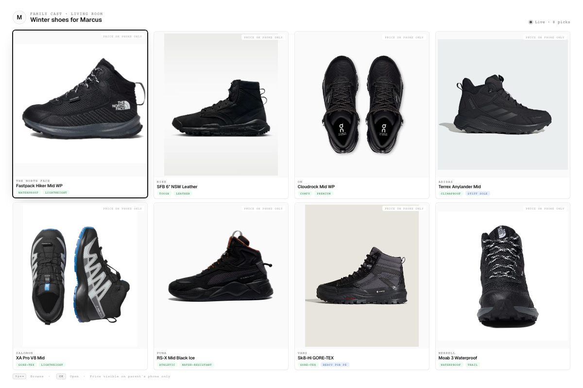 Shoe shortlist interface adapted for the family's available screen
